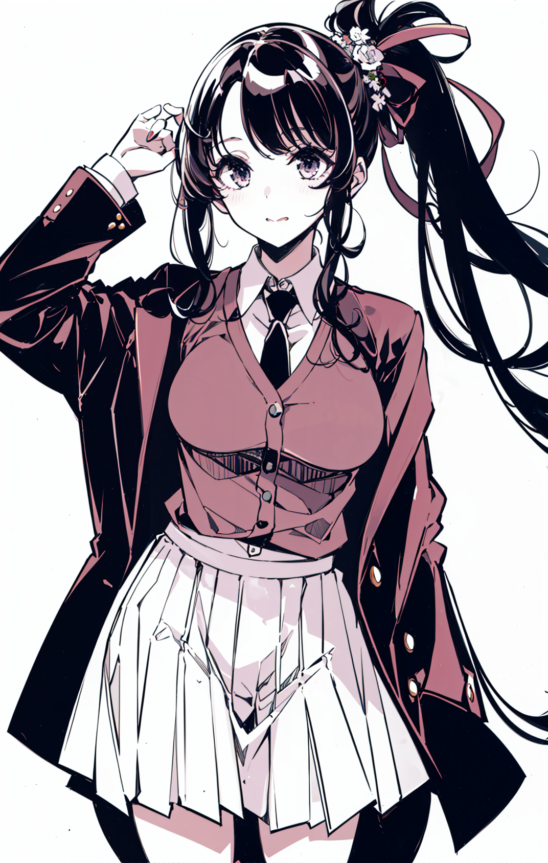 04366-2844332719-1girl, solo, long_hair, necktie, simple_background, white_background, hand_on_hip, jacket, skirt, wavy_hair, looking_at_viewer,.png